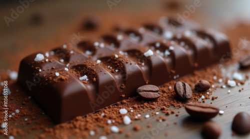 A beautifully crafted artisan chocolate bar focusing on the glossy surface and delicate details of its design. photo