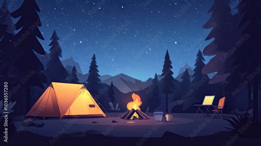 Serene campsite with a tent, campfire, and laptop, set against a backdrop of a starry sky, perfect for working remotely in nature. Serene campsite with a tent, campfire, and laptop, set against a backdrop of a starry sky, perfect for working remotely in nature.