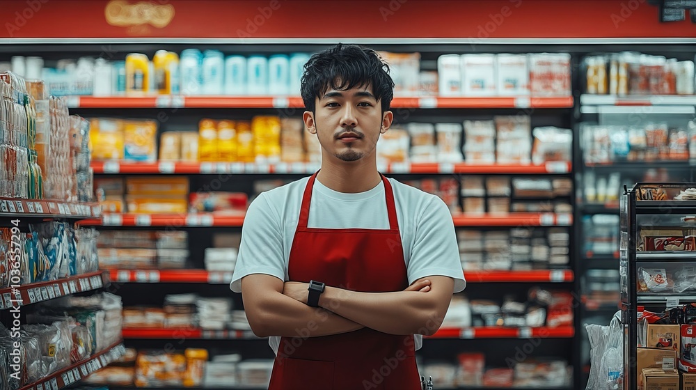 A man in an apron standing in front of a grocery store shelf A man in an apron standing in front of a grocery store shelf