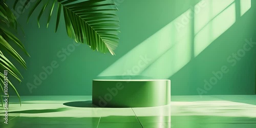 3d render stage and podium with tropical leaf plant for product in green color and natural sunlight