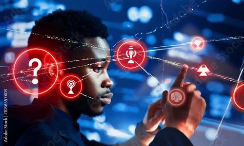 African American Businessman with virtual global currency symbols in hand and interacting with digital network in futuristic technology
