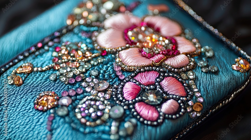 Close-up of Blue Fabric Embellished with Pink Flowers, Rhinestones, and Beads Close-up of Blue Fabric Embellished with Pink Flowers, Rhinestones, and Beads