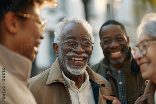 Group of diverse senior friends standing together in the street and smiling.