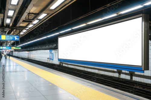 Empty subway platform in a modern station with blank advertisement space at daytime