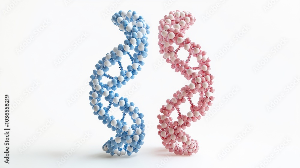 Blue and pink dna helices representing genetic diversity on white background Blue and pink dna helices representing genetic diversity on white background