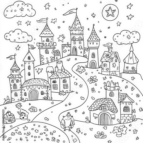 A magical fairytale scene with characters, coloring page for kids, simple outline illustration. Coloring book, simple lines.