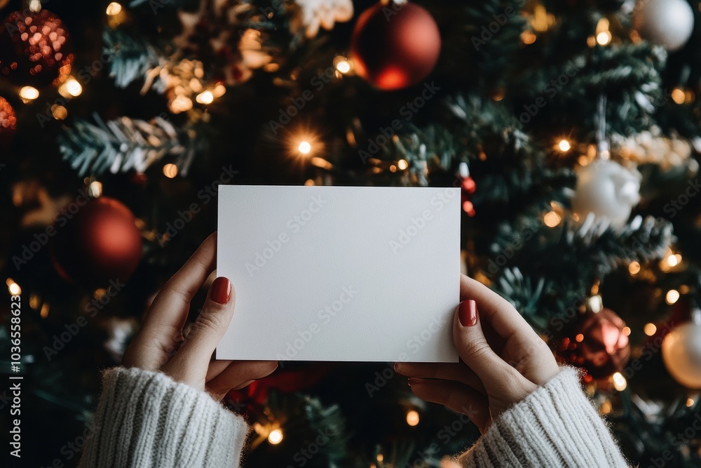 A person holding a blank card in front of a beautifully decorated Christmas tree with lights and ornaments during the holiday season