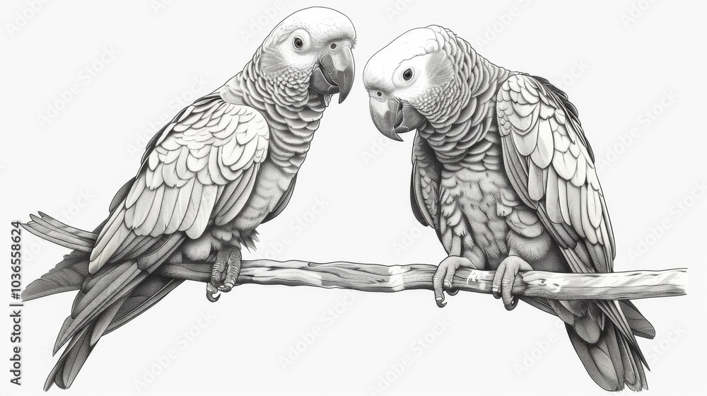 Obraz premium Sketch of Two Parrots on a Branch with Clear Background