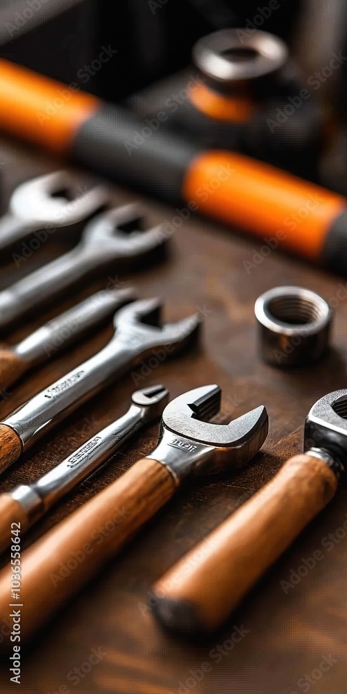 Collection of various hand tools arranged neatly on a wooden surface, showcasing craftsmanship and utility. Collection of various hand tools arranged neatly on a wooden surface, showcasing craftsmanship and utility.