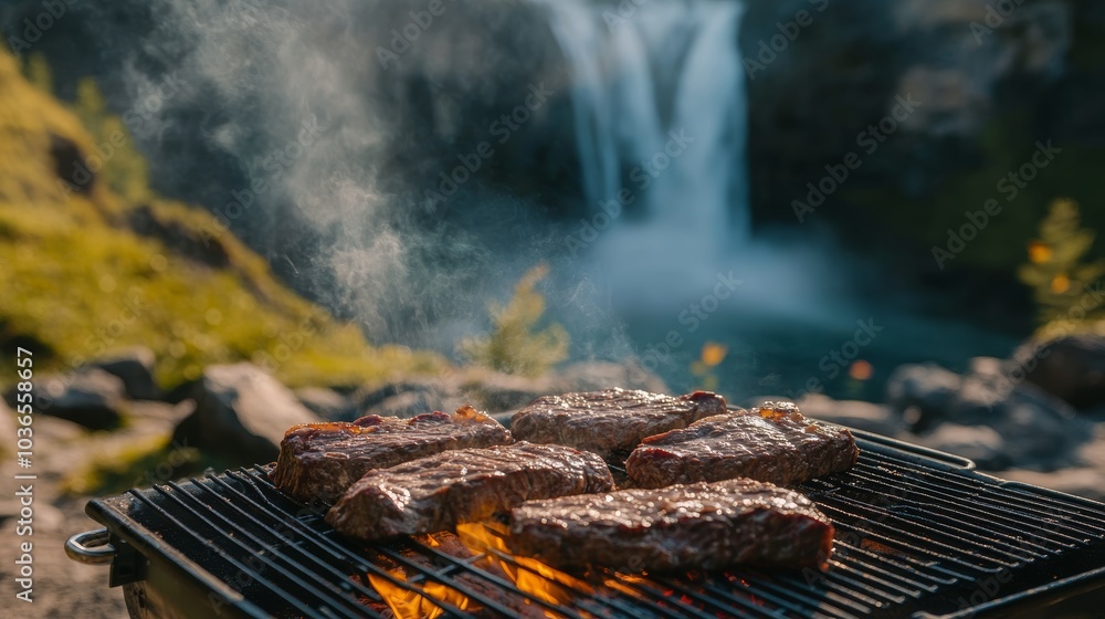 Steak grilling by a waterfall. Steak grilling by a waterfall.