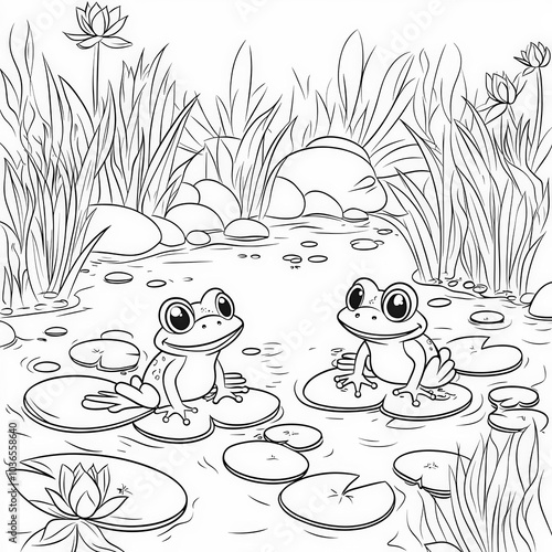 A magical pond with frogs a...