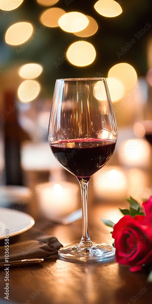 Elegant red wine glass on a beautifully set table with romantic lighting and a rose, perfect for special occasions.