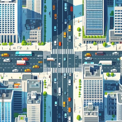 A busy city street with a crosswalk and a bus