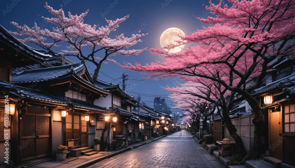 Fototapeta premium anime wallpaper featuring Tokyo and Japanese streets during cherry blossom season, blending eco-friendly city views, beautiful backgrounds, and village architecture, with light-filled skies