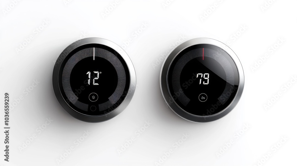 Two modern round digital thermometers on white background showing different temperature readings Two modern round digital thermometers on white background showing different temperature readings