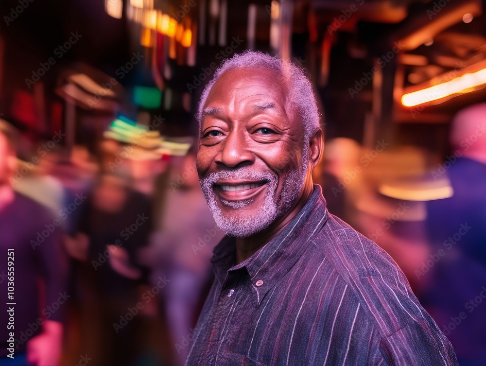 A smiling man standing in front of a crowd of people at a party A smiling man standing in front of a crowd of people at a party