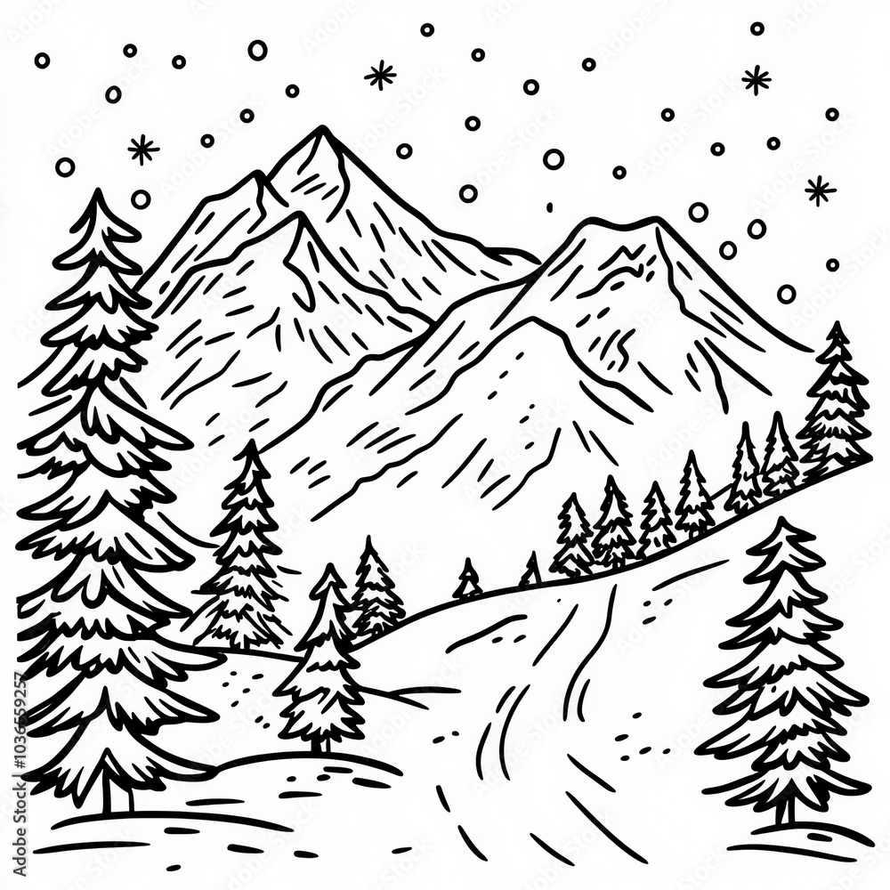 A snowy mountain scene with ski slopes, coloring page for kids, simple outline illustration. Coloring book, simple lines. A snowy mountain scene with ski slopes, coloring page for kids, simple outline illustration. Coloring book, simple lines.