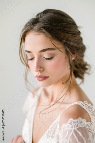 Elegant Portrait of a Young Woman in Delicate Lace Dress with Soft Lighting and Serene Expression