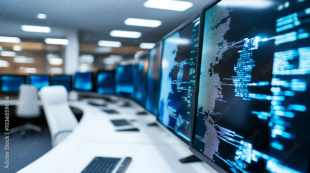 Fototapeta premium modern professional workspace featuring multiple high resolution monitors displaying data visualizations and digital maps, emphasizing technology and privacy