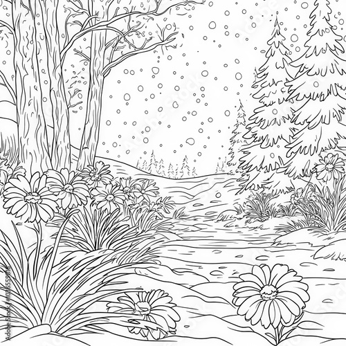 A winter garden with snow-c...
