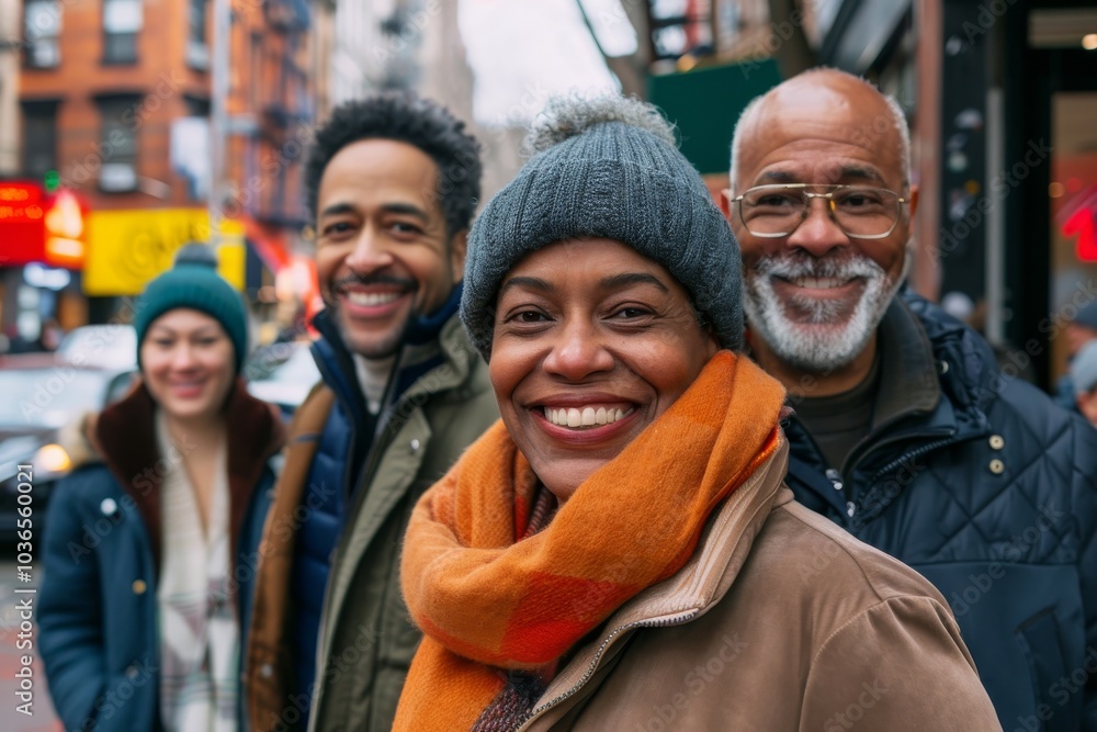 Group of diverse friends in New York City, wearing warm clothes and scarves Group of diverse friends in New York City, wearing warm clothes and scarves