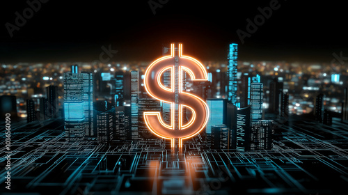 Wallpaper Mural vibrant abstract city at night featuring glowing dollar sign amidst futuristic skyline, symbolizing wealth and prosperity in digital world Torontodigital.ca