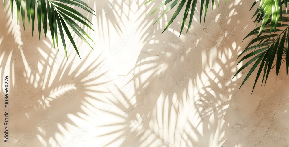 Blurry Shadows of Tropical Palm Leaves on White Wall Background with Summer Sunlight and Natural Minimal Silhouettes Blurry Shadows of Tropical Palm Leaves on White Wall Background with Summer Sunlight and Natural Minimal Silhouettes