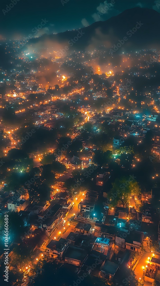 5. Aerial view of a neighborhood brightly lit with fireworks and diyas during the Diwali night 5. Aerial view of a neighborhood brightly lit with fireworks and diyas during the Diwali night