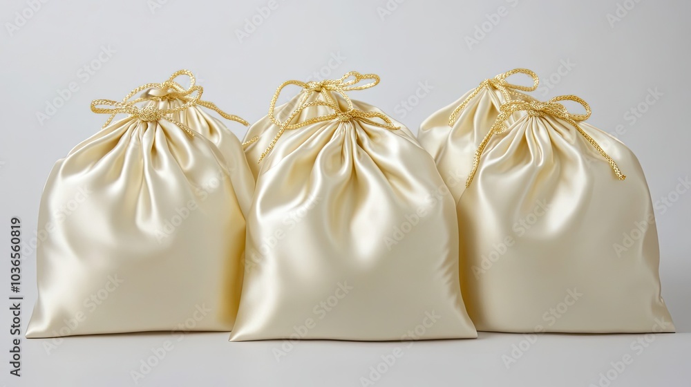 Three White Satin Drawstring Bags with Gold Cords Three White Satin Drawstring Bags with Gold Cords