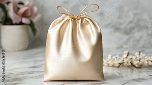 A single, empty, cream-colored satin drawstring bag with a gold cord on a white marble surface