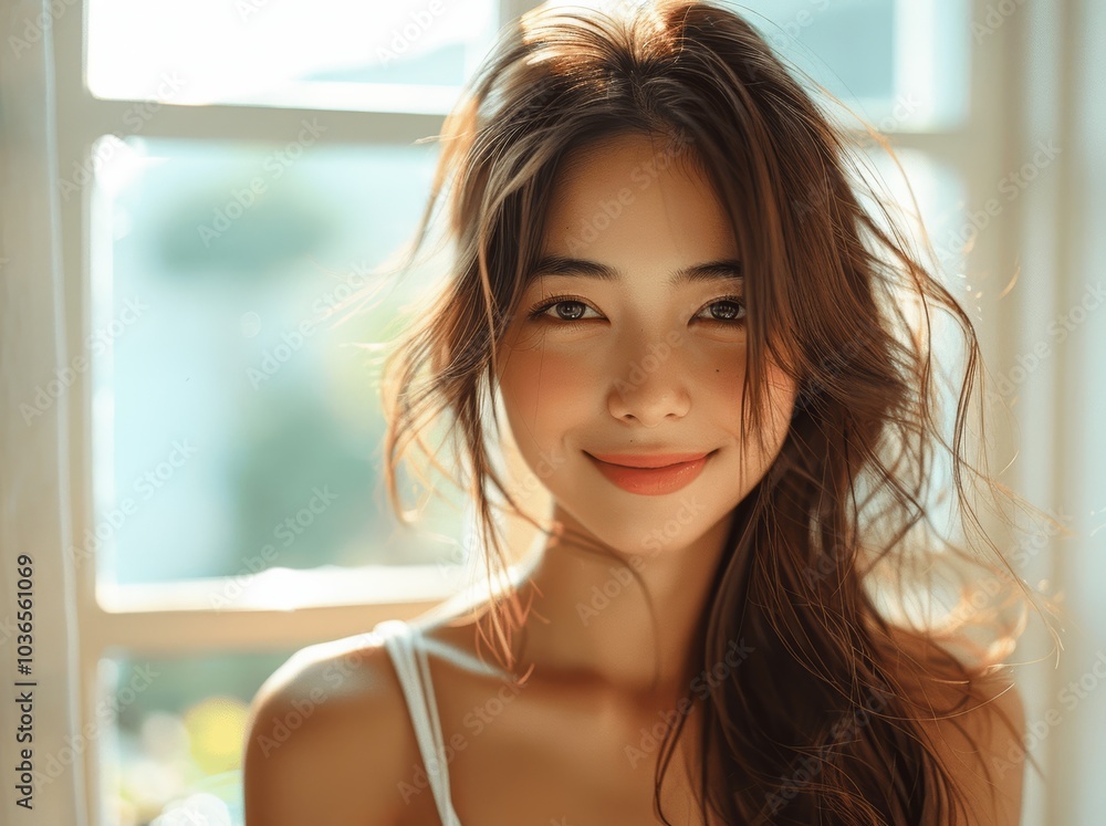 Japanese Woman with Floating Hair Smiling in Bright Skincare Ad Japanese Woman with Floating Hair Smiling in Bright Skincare Ad
