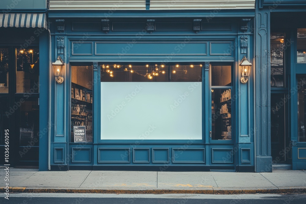 A charming storefront with large blank window and warm lighting, inviting passersby to enter in the evening A charming storefront with large blank window and warm lighting, inviting passersby to enter in the evening