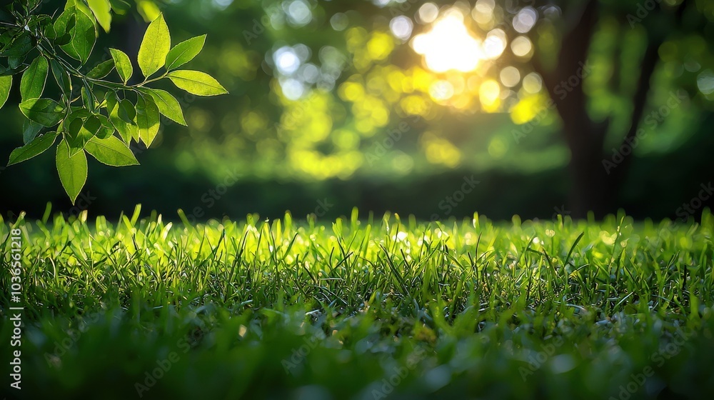 Obraz premium Sunlight filtering through trees illuminates fresh green grass in a serene park during the late afternoon