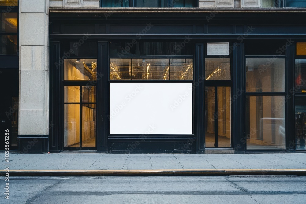 Empty storefront on a city street with blank signage in the early morning light