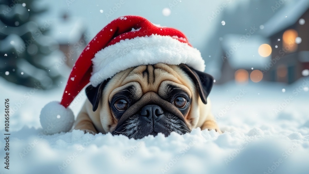 cute puppy pug wearing Santa hat lying in snow outdoor, soft blurred wintry background, falling snow, warm bokeh lights. Christmas, Santa pug, New Year, seasonal pet shelter, greeting card concept. cute puppy pug wearing Santa hat lying in snow outdoor, soft blurred wintry background, falling snow, warm bokeh lights. Christmas, Santa pug, New Year, seasonal pet shelter, greeting card concept.