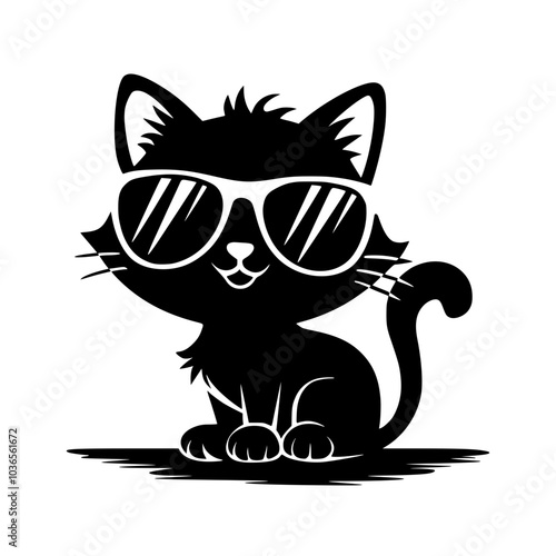 Cool black cat wearing sunglasses illustration, Stylized black cat wearing large sunglasses in a minimalist design, combining cuteness and coolness for a fun, modern look.



