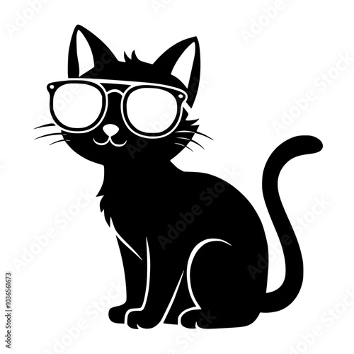 Cool black cat wearing sunglasses illustration, Stylized black cat wearing large sunglasses in a minimalist design, combining cuteness and coolness for a fun, modern look.



