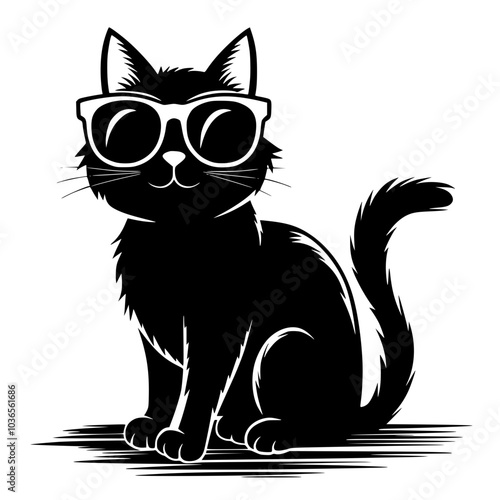 Cool black cat wearing sunglasses illustration, Stylized black cat wearing large sunglasses in a minimalist design, combining cuteness and coolness for a fun, modern look.



