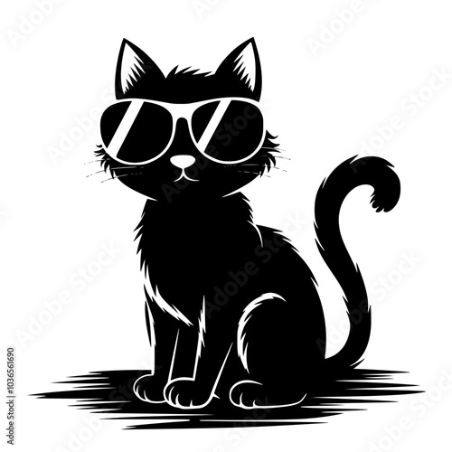 Cool black cat wearing sunglasses illustration, Stylized black cat wearing large sunglasses in a minimalist design, combining cuteness and coolness for a fun, modern look.



