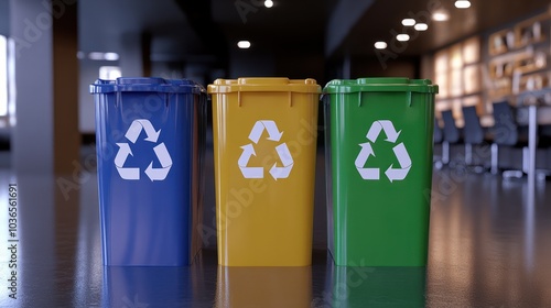 Three separate recycling bins labeled for plastic, paper, and glass in an eco-conscious office environment. photo