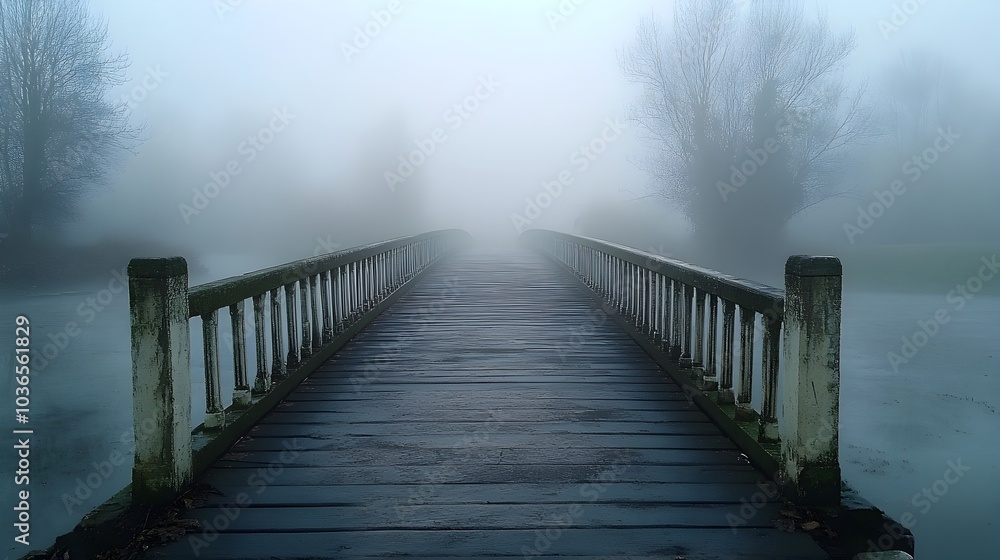 Fototapeta premium Fog-Shrouded Bridge Leading Into the Mysterious Unknown