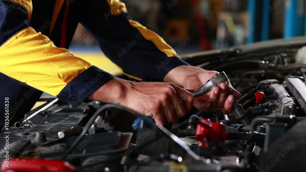 Slow motion. Close up mechanical hand with tools and spanner. Hispanic latin male mechanic repairs car in garage. Car maintenance and auto service garage concept Slow motion. Close up mechanical hand with tools and spanner. Hispanic latin male mechanic repairs car in garage. Car maintenance and auto service garage concept