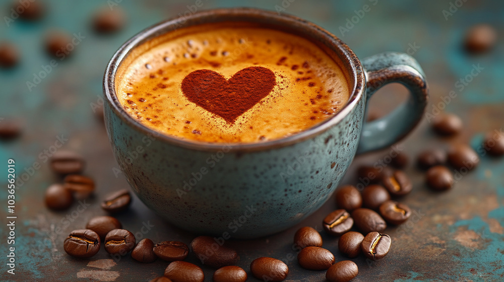 Aromatic cup of coffee with Heart on foam close-up Valentine's Day Aromatic cup of coffee with Heart on foam close-up Valentine's Day