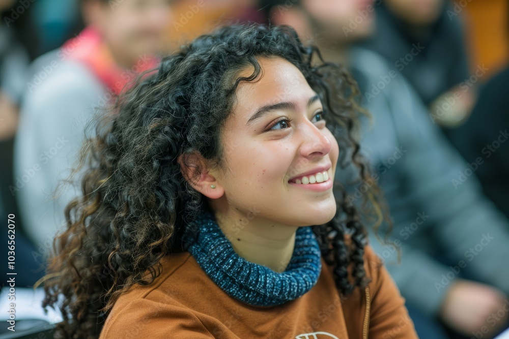 Candid shot of a student smiling during a class discussion, showing enthusiasm for learning. Candid shot of a student smiling during a class discussion, showing enthusiasm for learning.