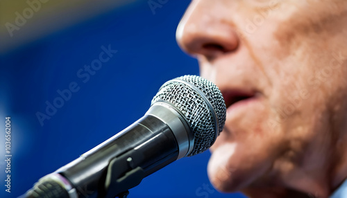 Close-up view of the politician and microphone, no face 