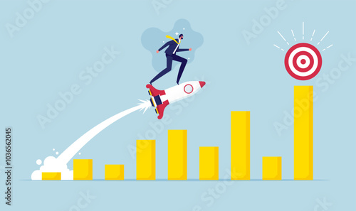 Reaching goal or success concept, investment profit increase, growing fast or improvement sales and revenue, progress or development, businessman riding rocket to reach target bullseye