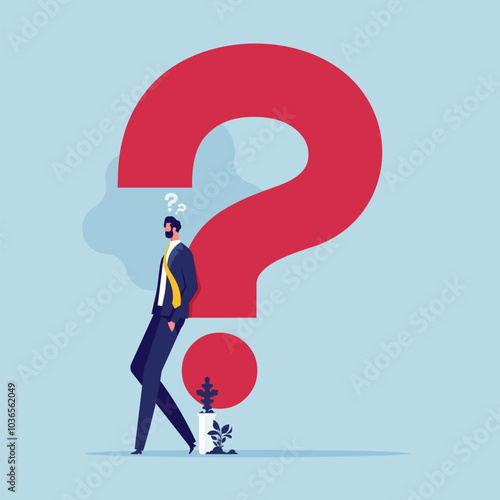 Question or problem solving, think about answer or solution, contemplation, doubt or concentration, FAQ frequently asked questions, doubtful businessman thinking about answer with big question mark