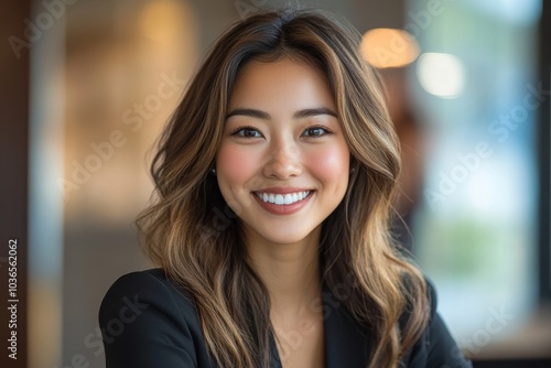 Smiling asian businesswoman at office, Generative AI