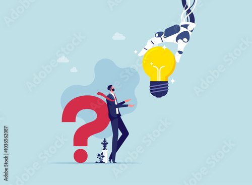 Using artificial intelligence to generate ideas to help solve problems, AI support, creative brainstorming, businessman stand with question mark sign and a robot hand holding a light bulb for bright