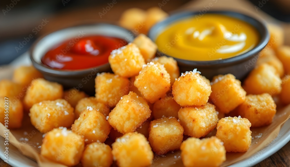Crispy Tater Tots Served with Ketchup and Mustard Dipping Sauces (American Cuisine) Crispy Tater Tots Served with Ketchup and Mustard Dipping Sauces (American Cuisine)